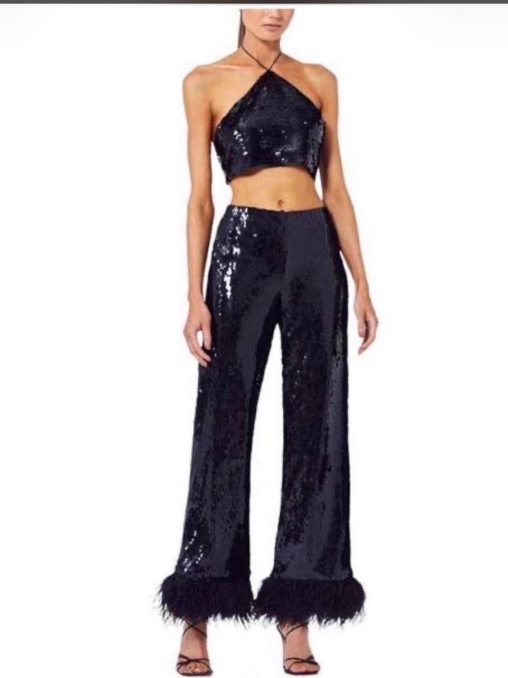 Alexis SET top and bottom Black Sequin Wide-Leg Pants with Feather trim